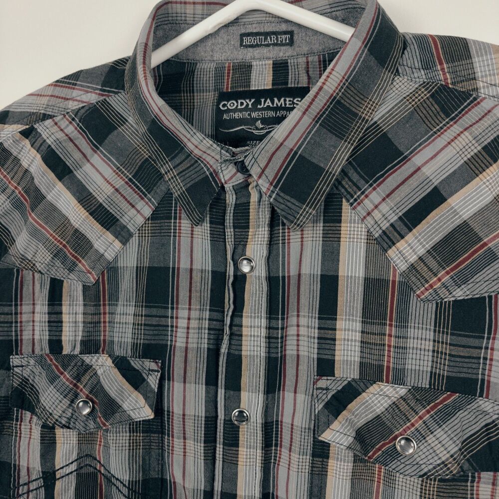 Cody James Pearl Snap Western Shirt Mens XL black gray red Plaid Cotton-ROCK N